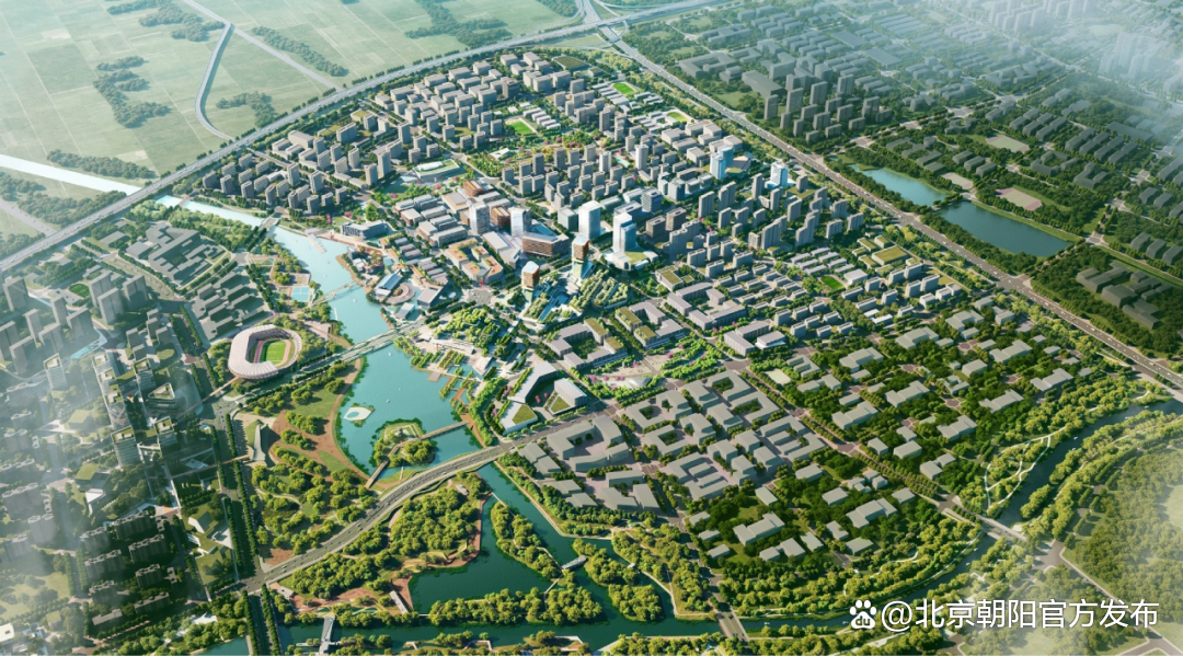 金盏中区城市设计概念方案效果图，展示规划的滨水公园、公共建筑与街区
